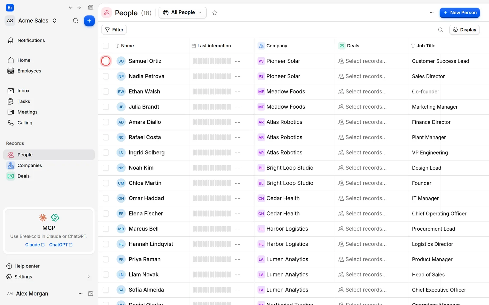 The People list with the selection box of the first person marked