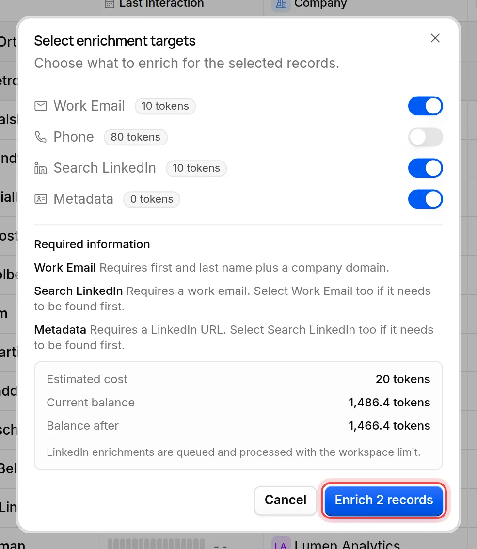 The button that starts the enrichment of the two selected records