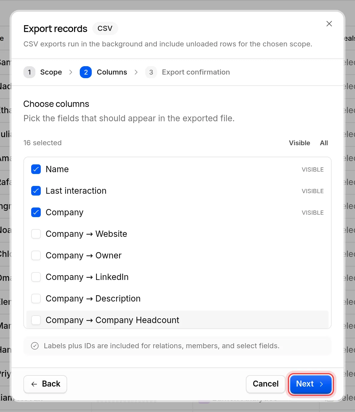 The Columns step of the export with the list of columns to include