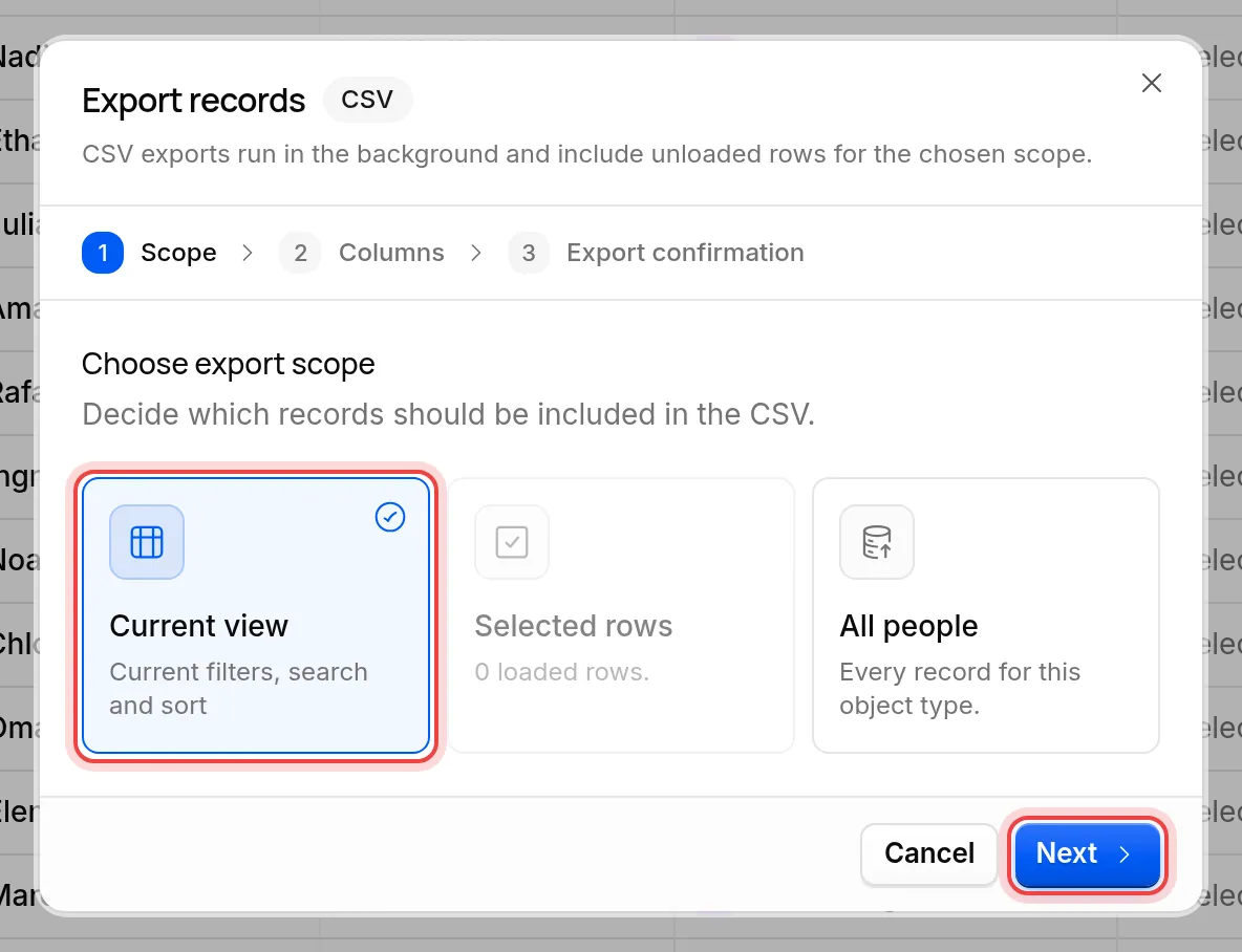 The Scope step of the export with Current view and the Next button marked