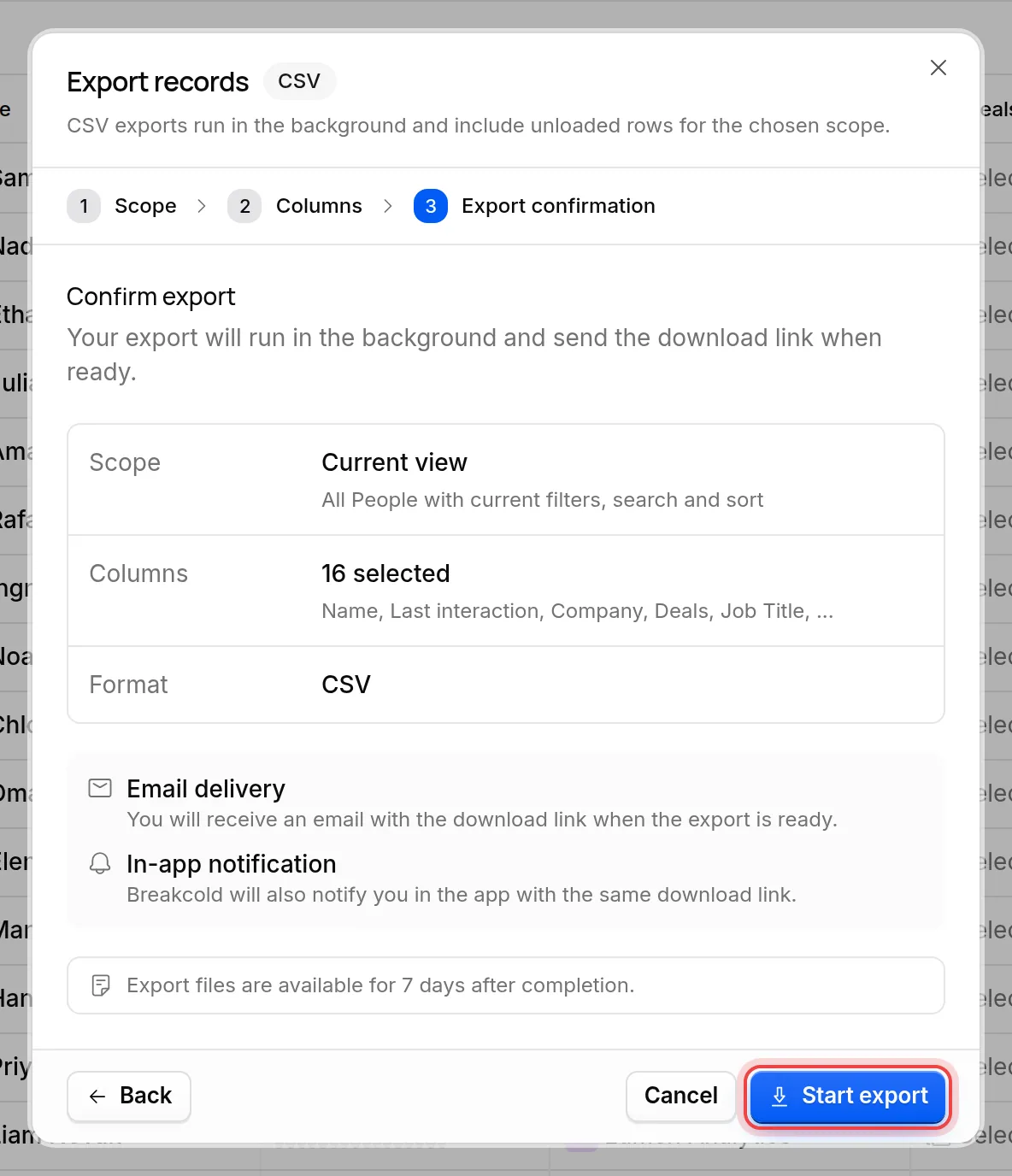 The export confirmation with the Start export button marked