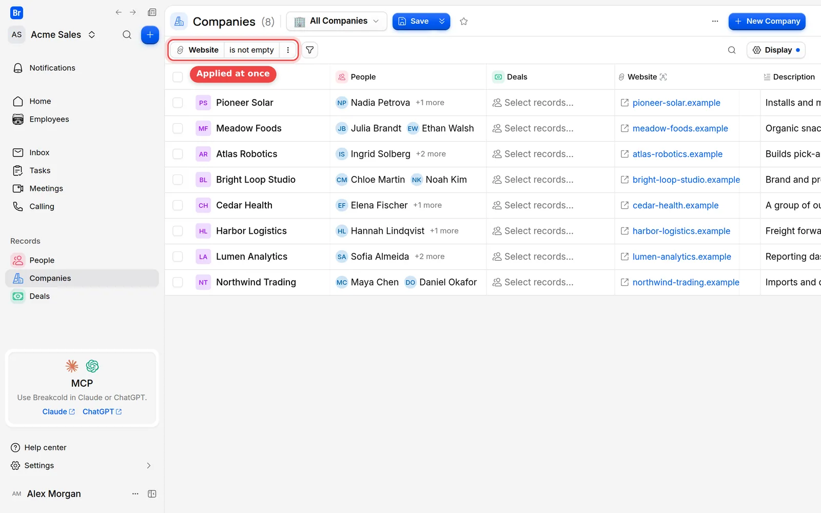The Website is not empty filter shown as a chip above the filtered list of companies