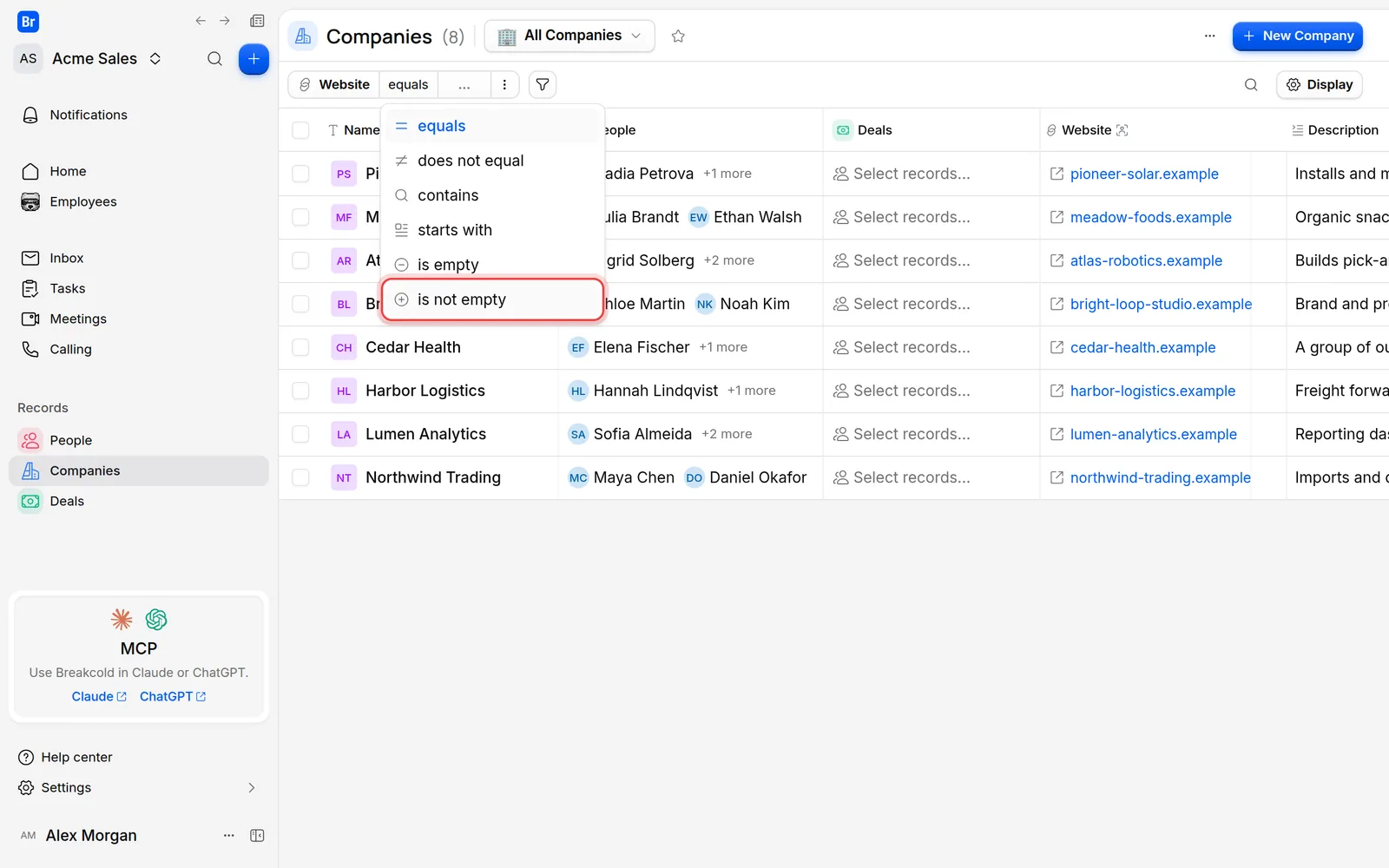The list of conditions for the Website field, with is not empty about to be chosen
