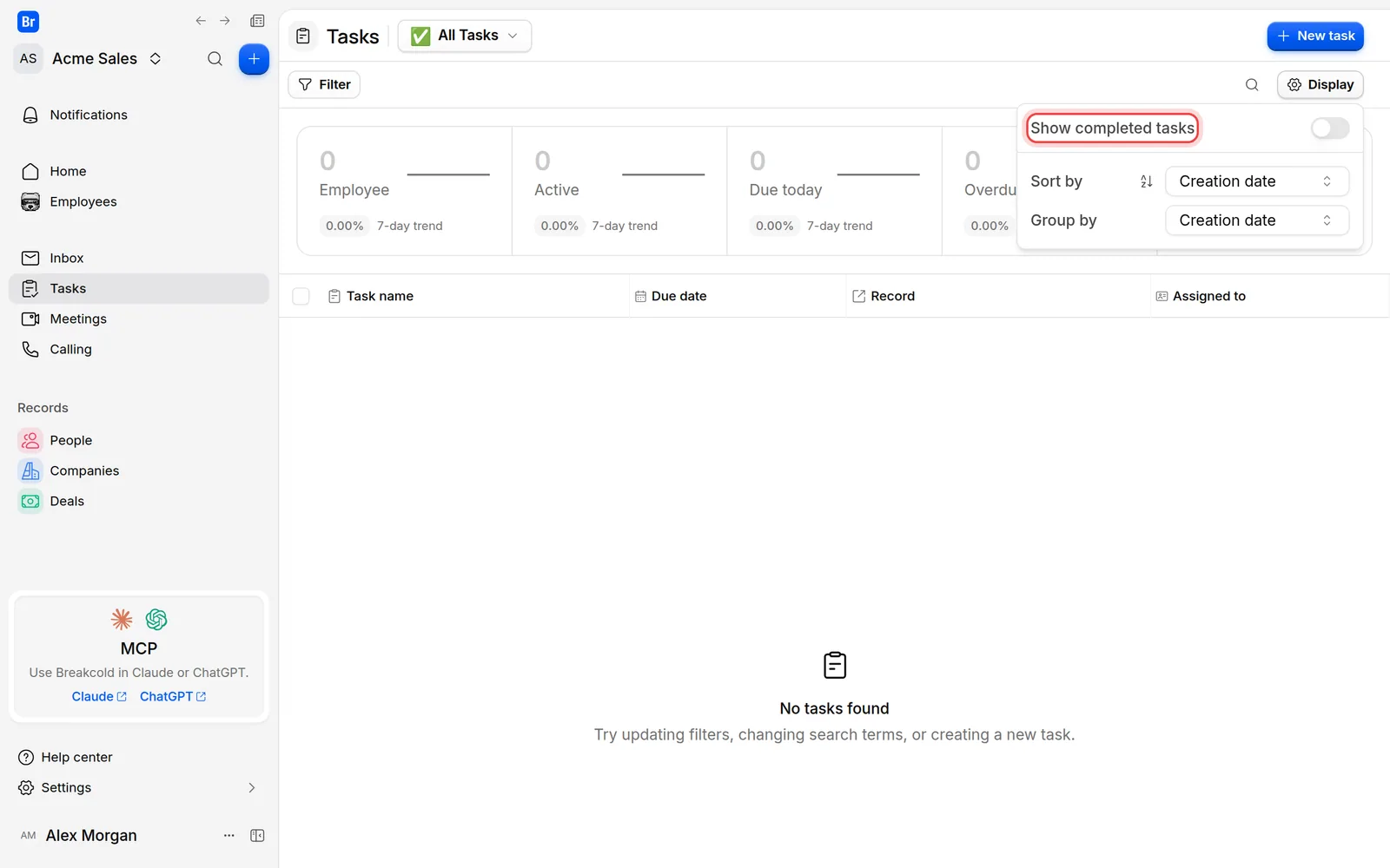 The Display panel with Show completed tasks, Sort by and Group by