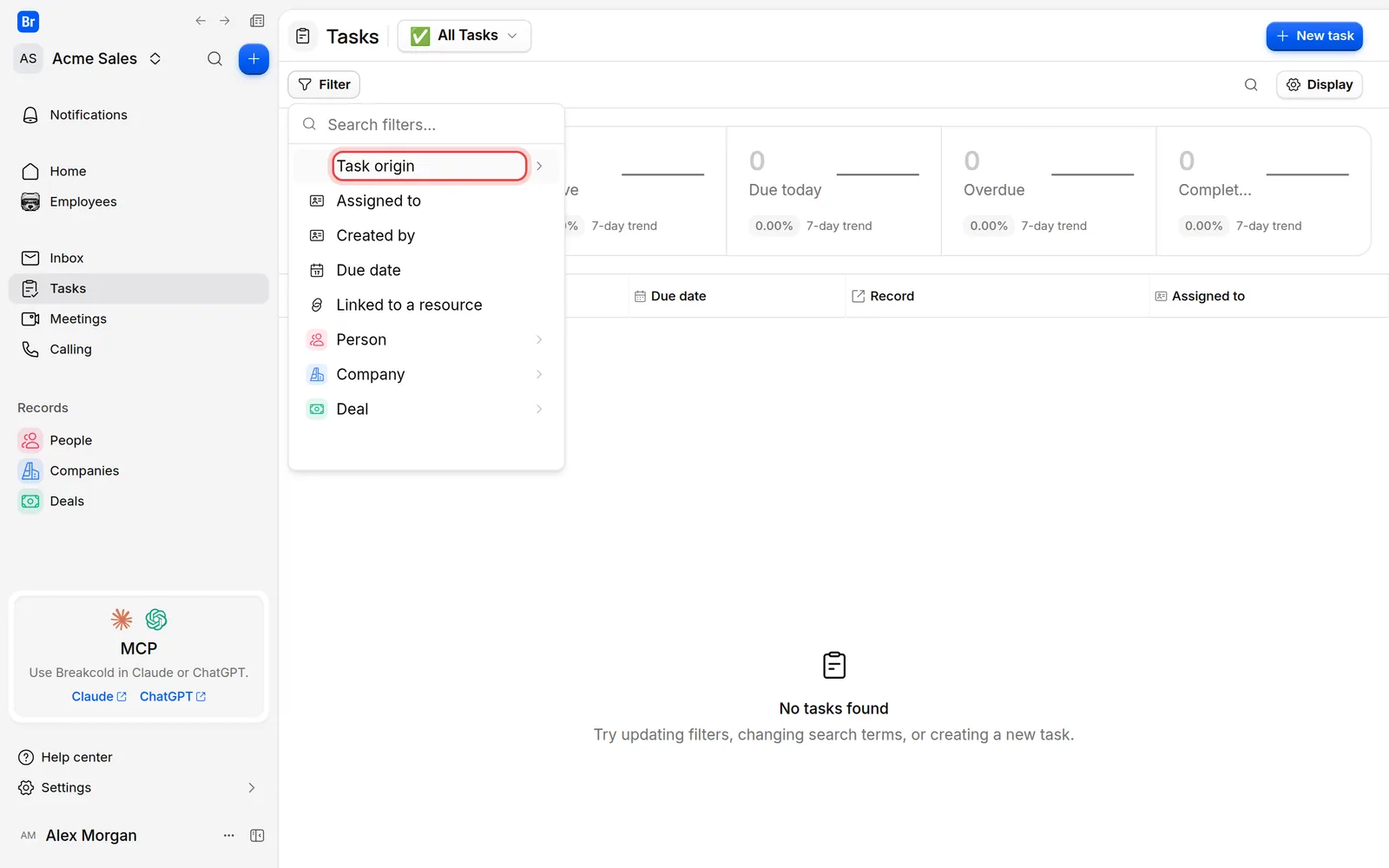 The list of fields you can filter tasks on, below the Filter button
