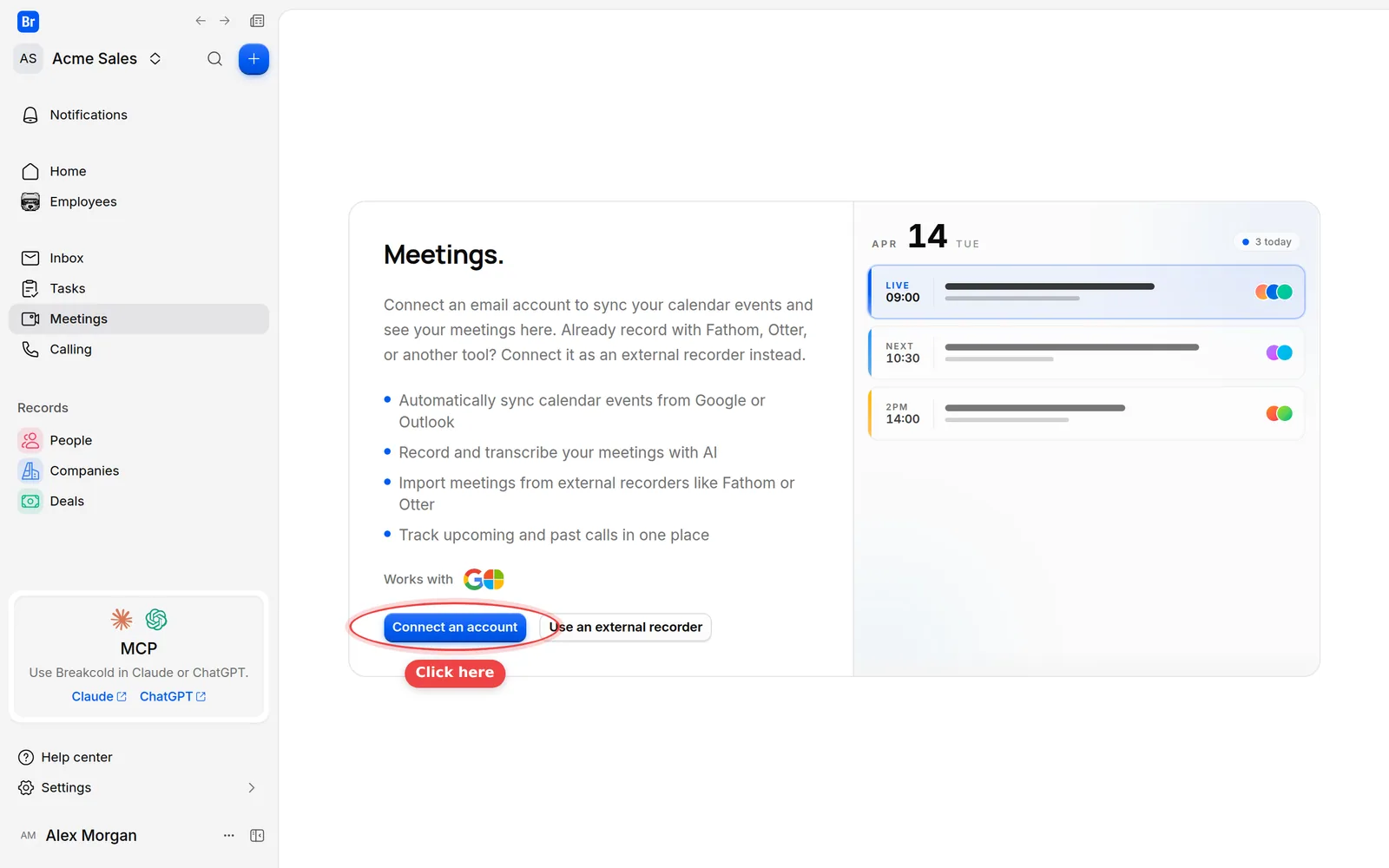 The Meetings page with no connected account and its Connect an account button