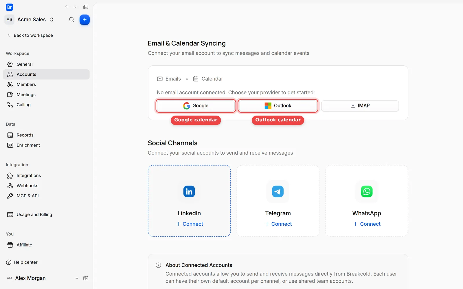 The Email & Calendar Syncing card of Settings, Accounts, with the Google and Outlook buttons