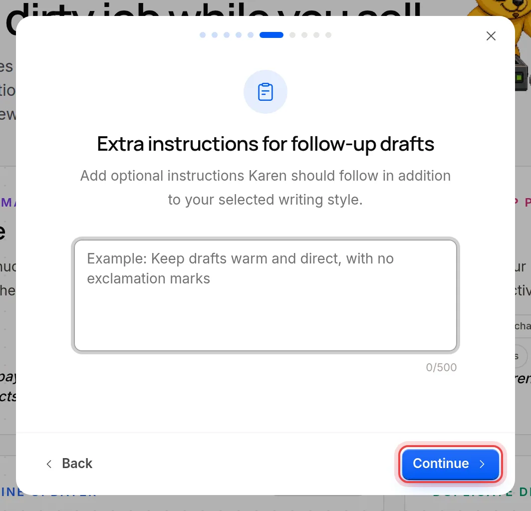 The optional instructions field for Karen's drafts