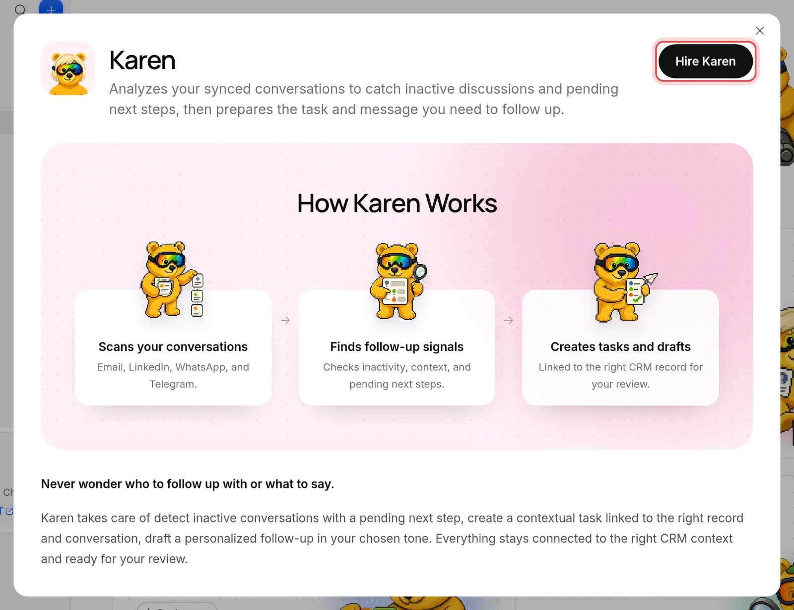 The Hire Karen button at the top of Karen's page