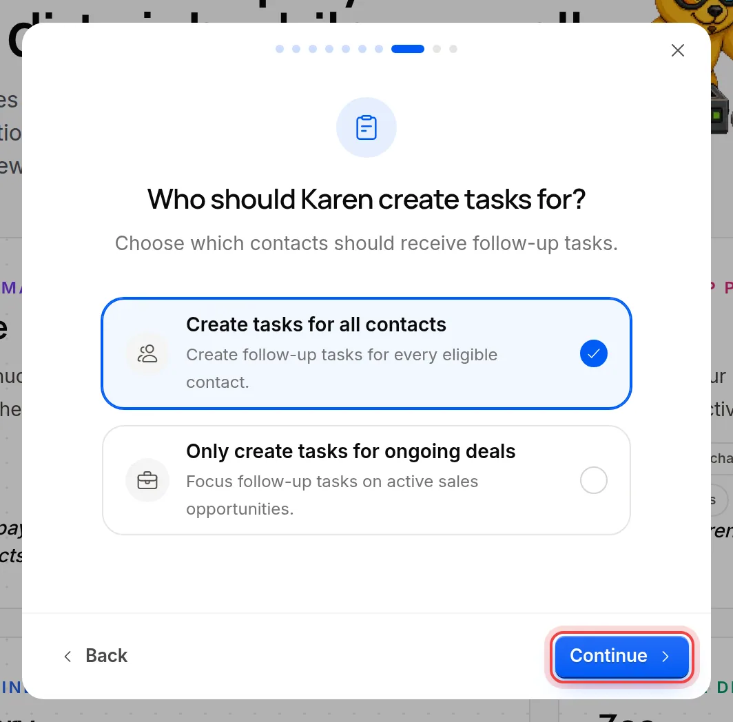The choice between all contacts and ongoing deals only
