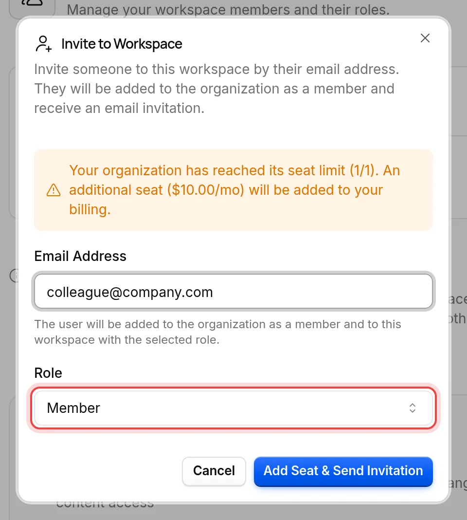 The Role field of the invitation dialog
