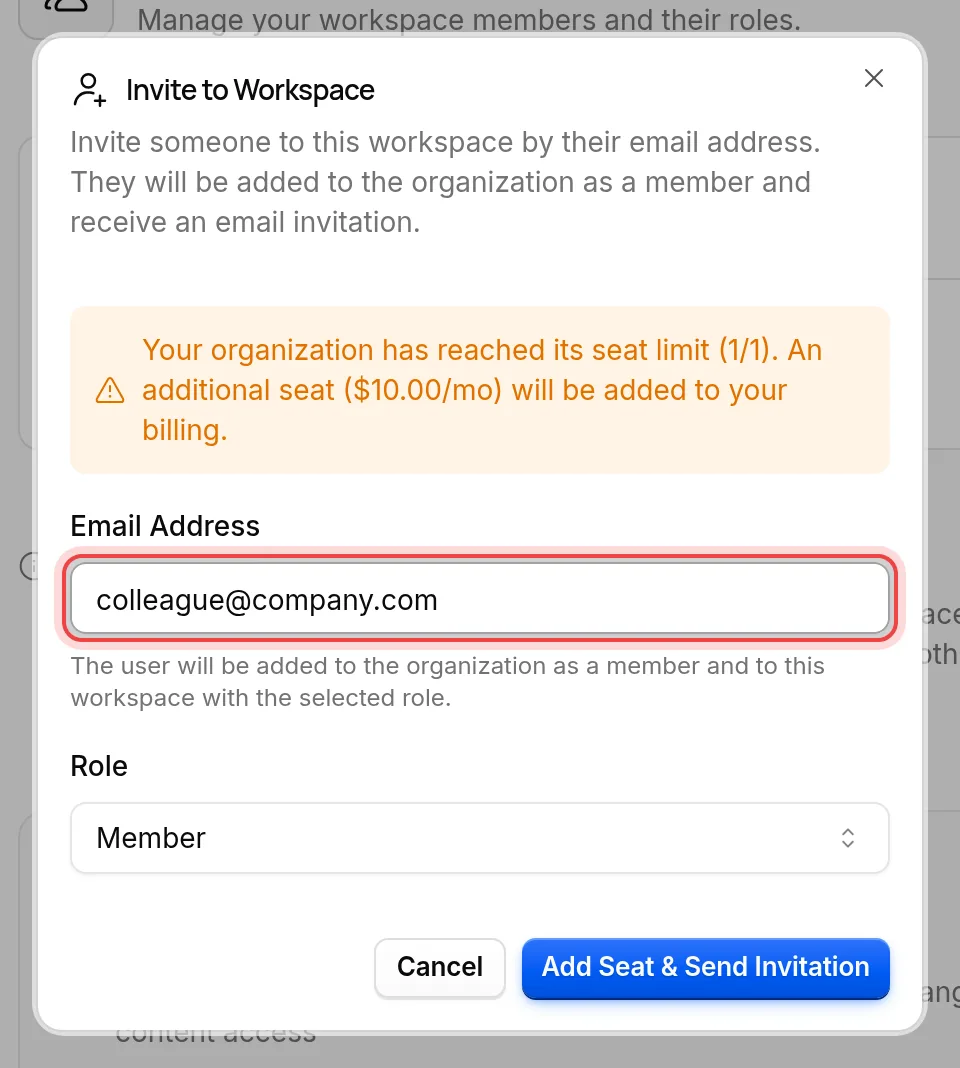 The invitation dialog with the email address of the person to invite