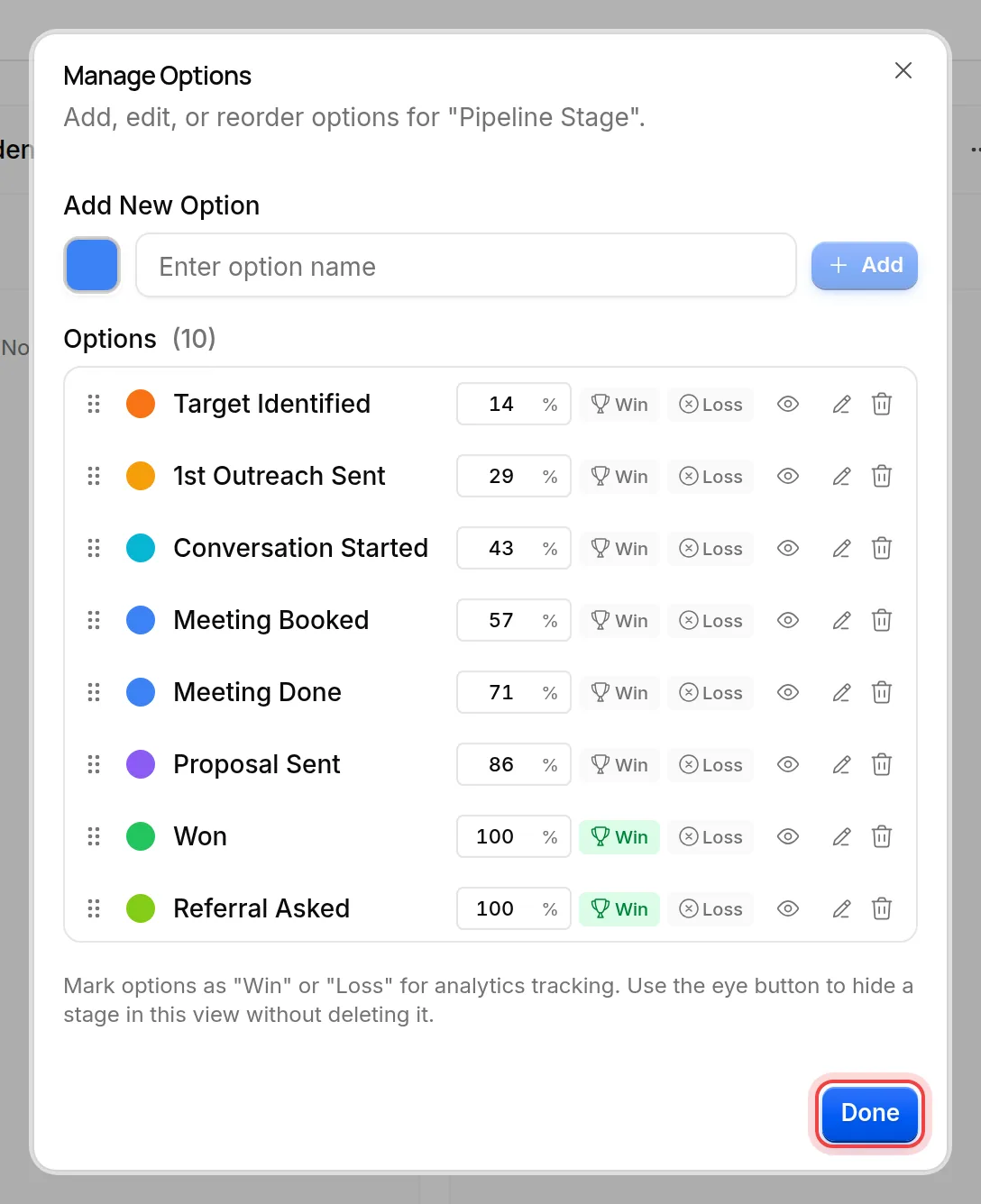 The Done button at the bottom of the Manage Options dialog