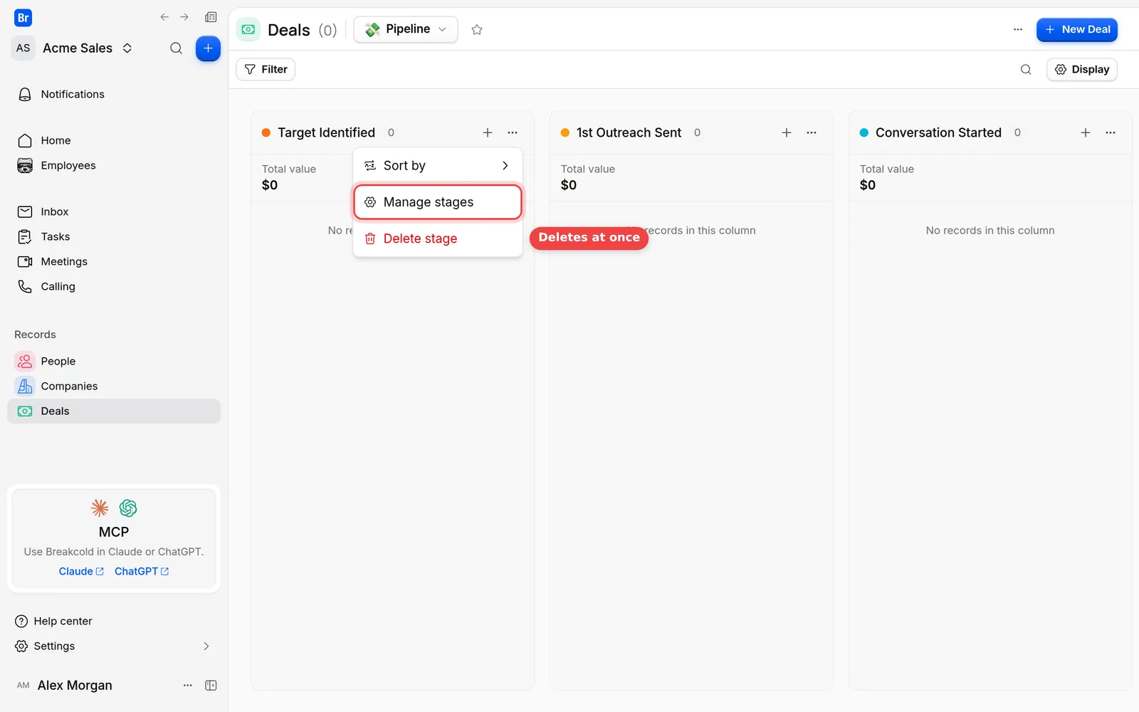 The column menu with Manage stages and Delete stage