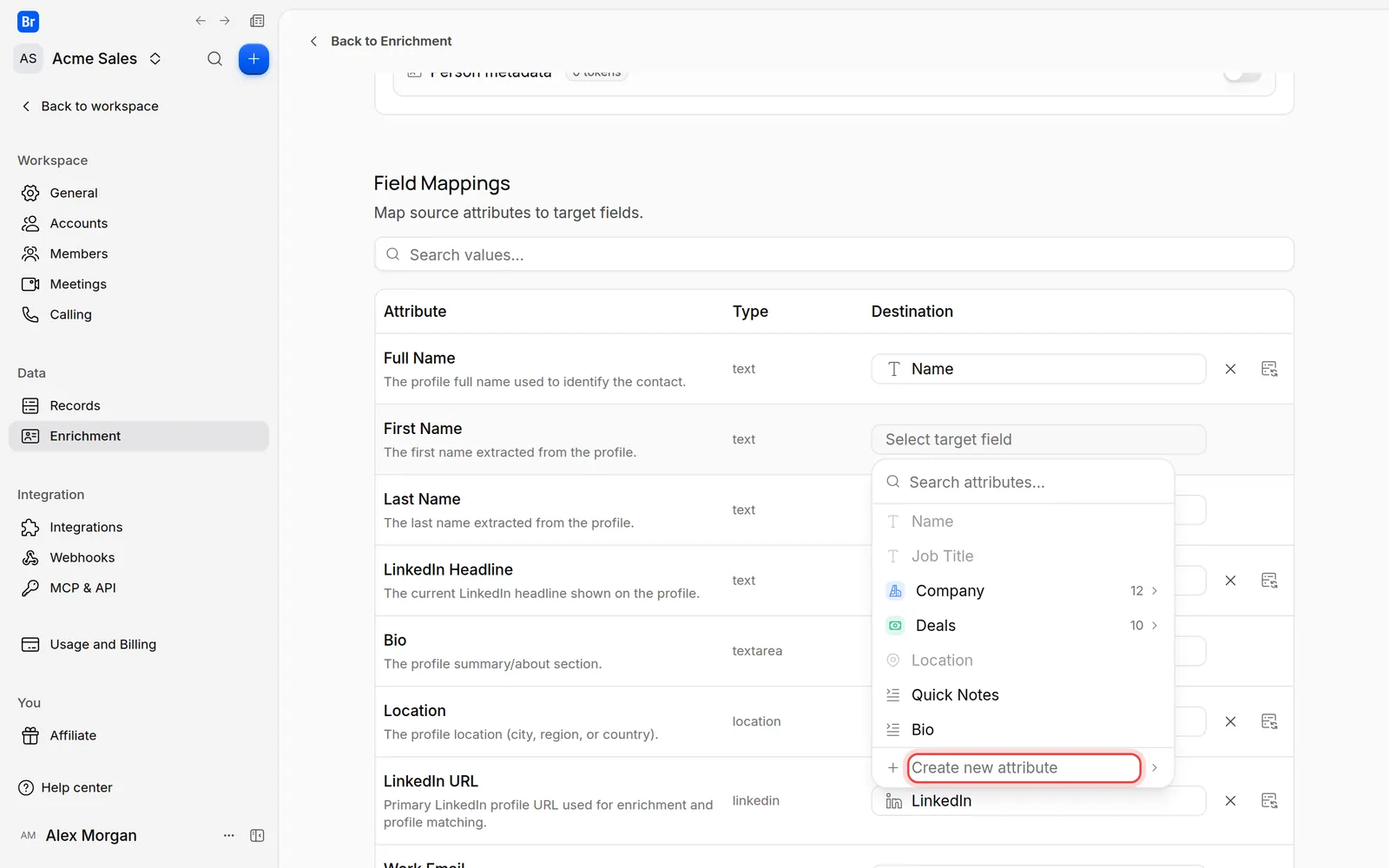 The list of fields to map to, with Create new attribute at the bottom