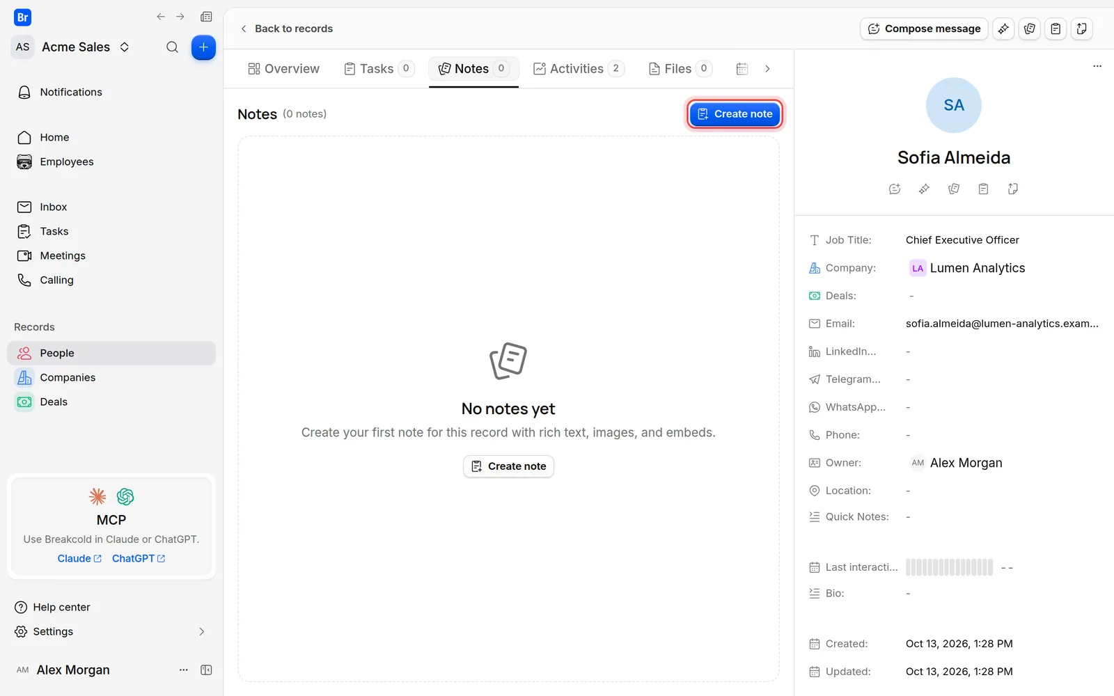 The Create note button on the Notes tab