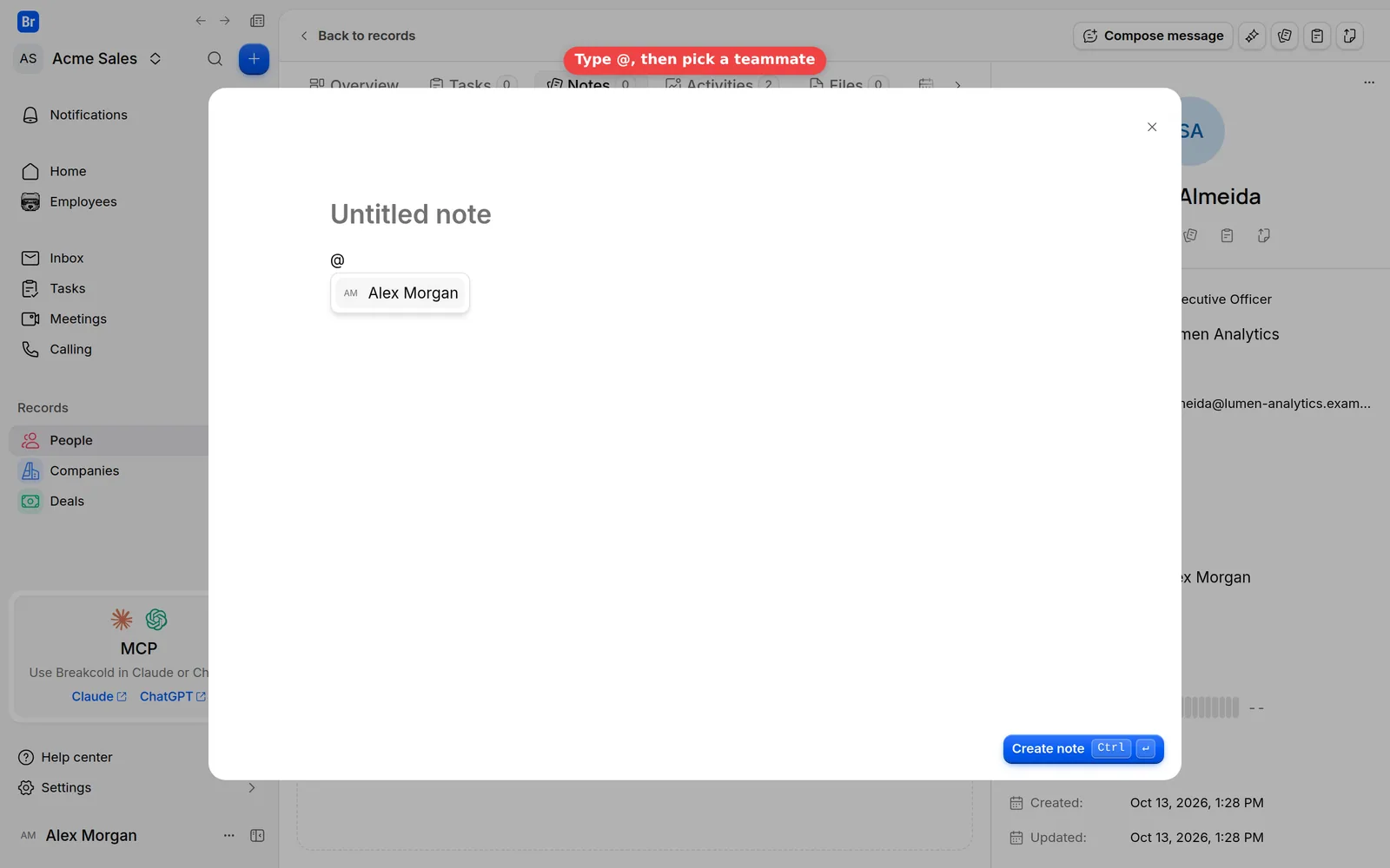 A note being written, with the list of workspace members that opens after typing @