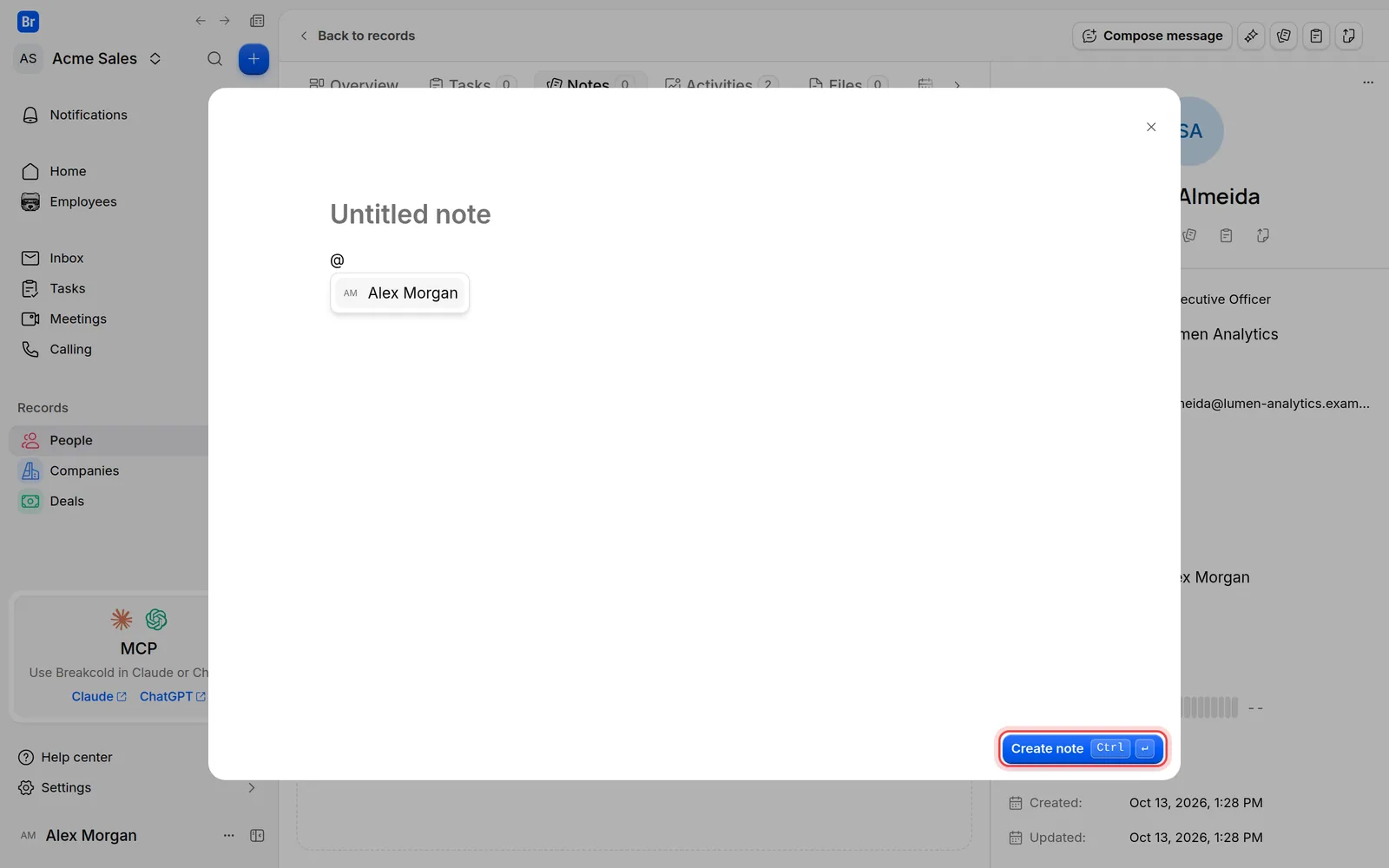 The Create note button at the bottom of the note