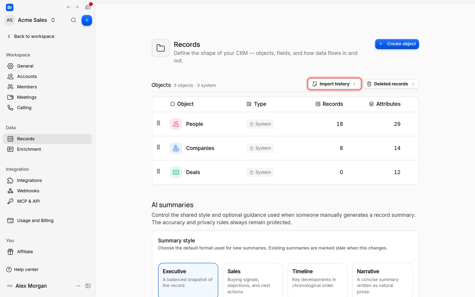 The Import history button on the Records settings page