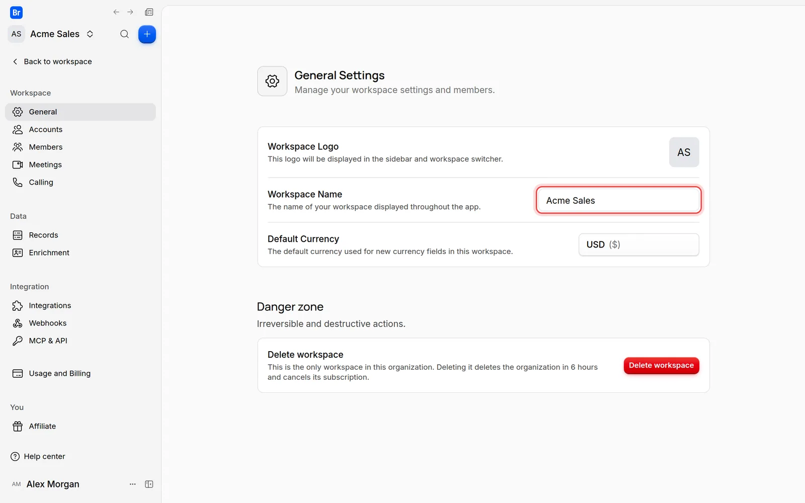 The Workspace Name field on the General Settings page
