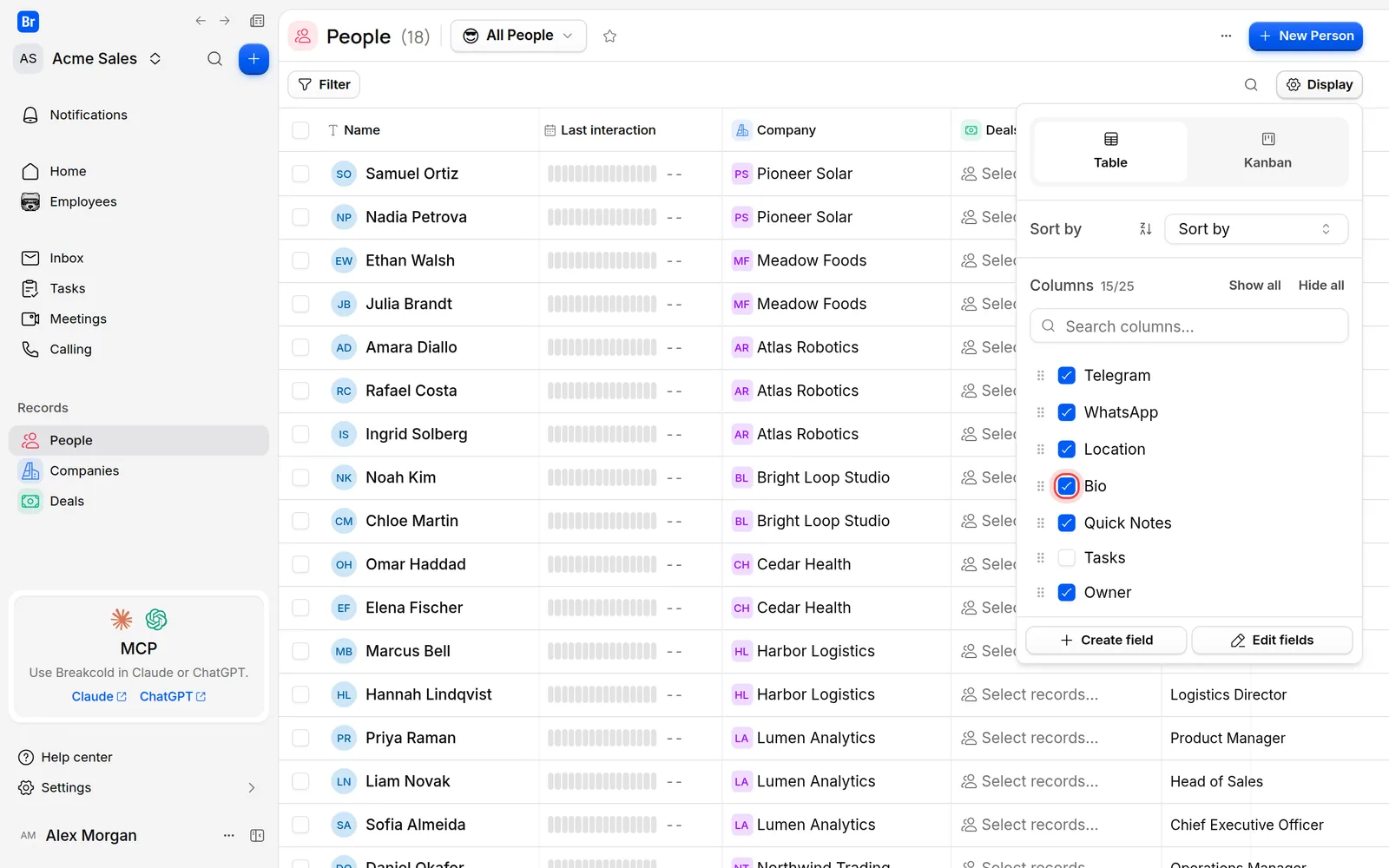 The Display panel with Table and Kanban, Sort by, and the list of columns with Bio about to be unticked