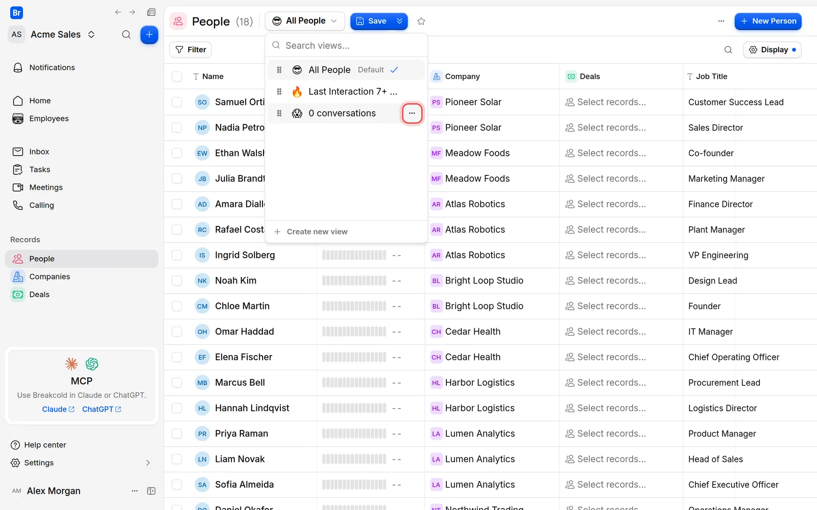 The list of views, with the actions button of the 0 conversations view