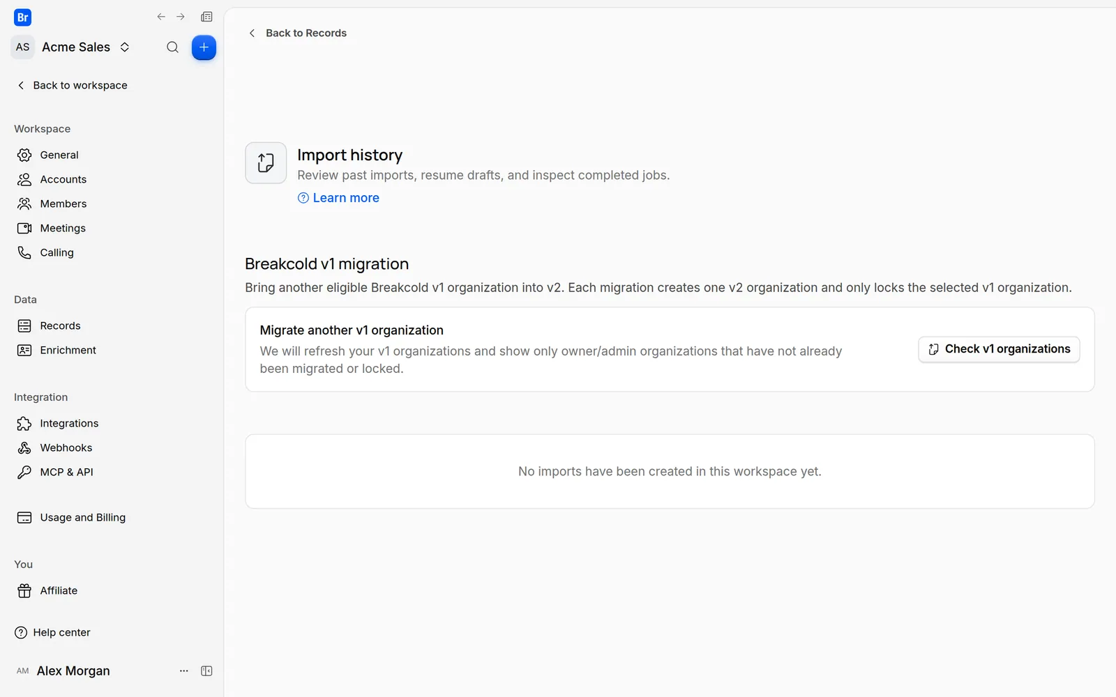 The Import history page with its list of imports