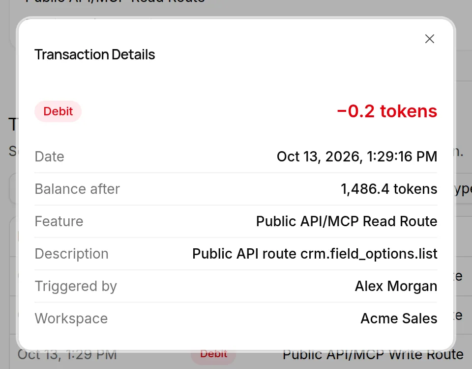 The Transaction Details dialog with the feature, description, source and amount