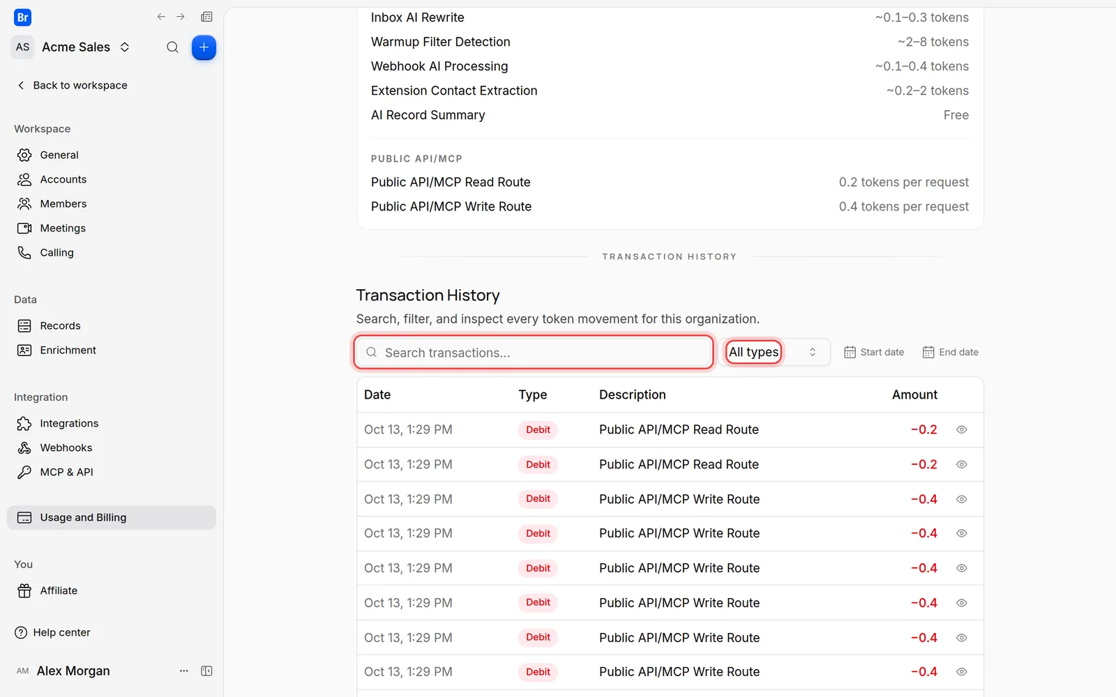 The search field and type filter of Transaction History on the Usage and Billing page