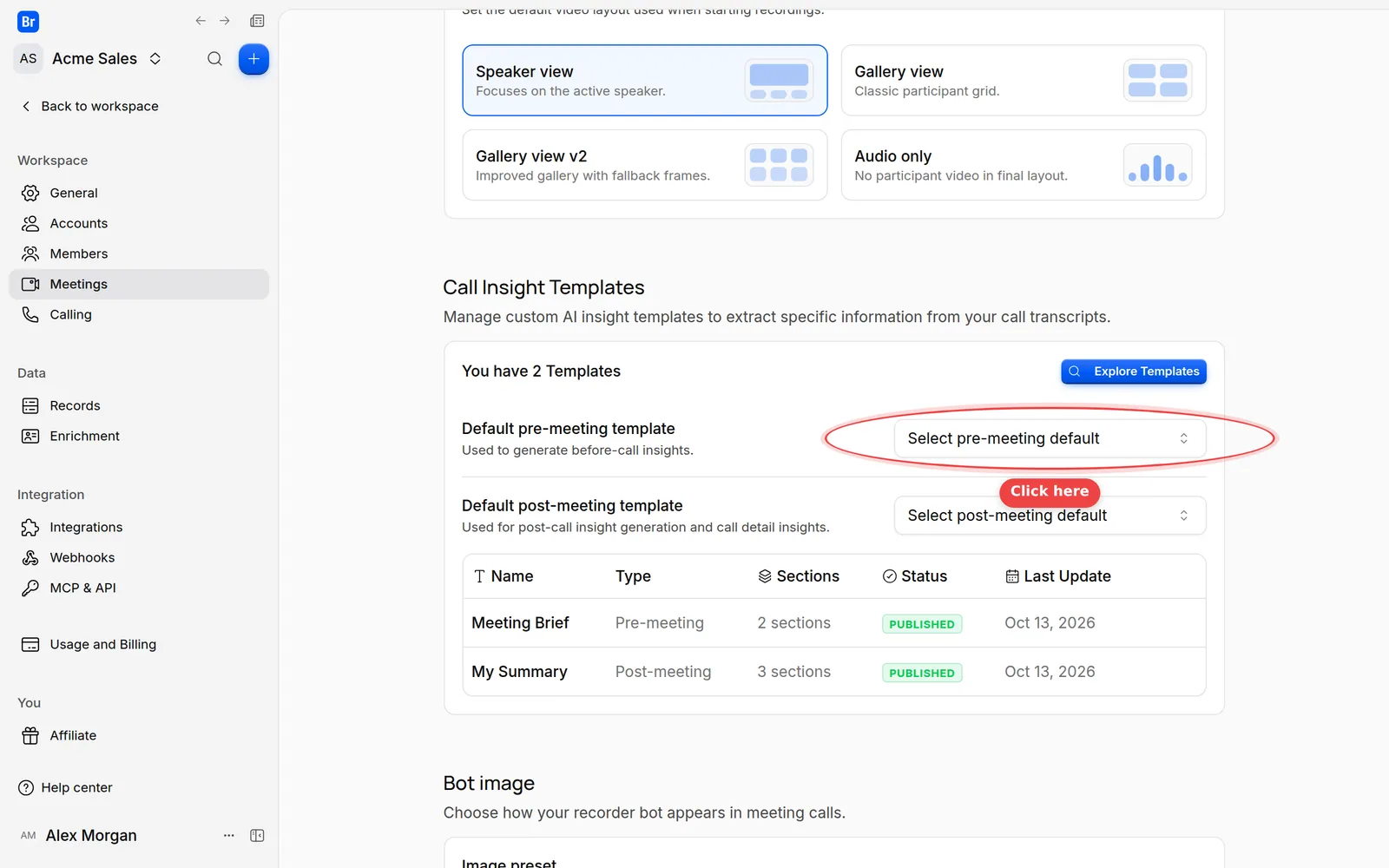 The Default pre-meeting template list in the Call Insight Templates card