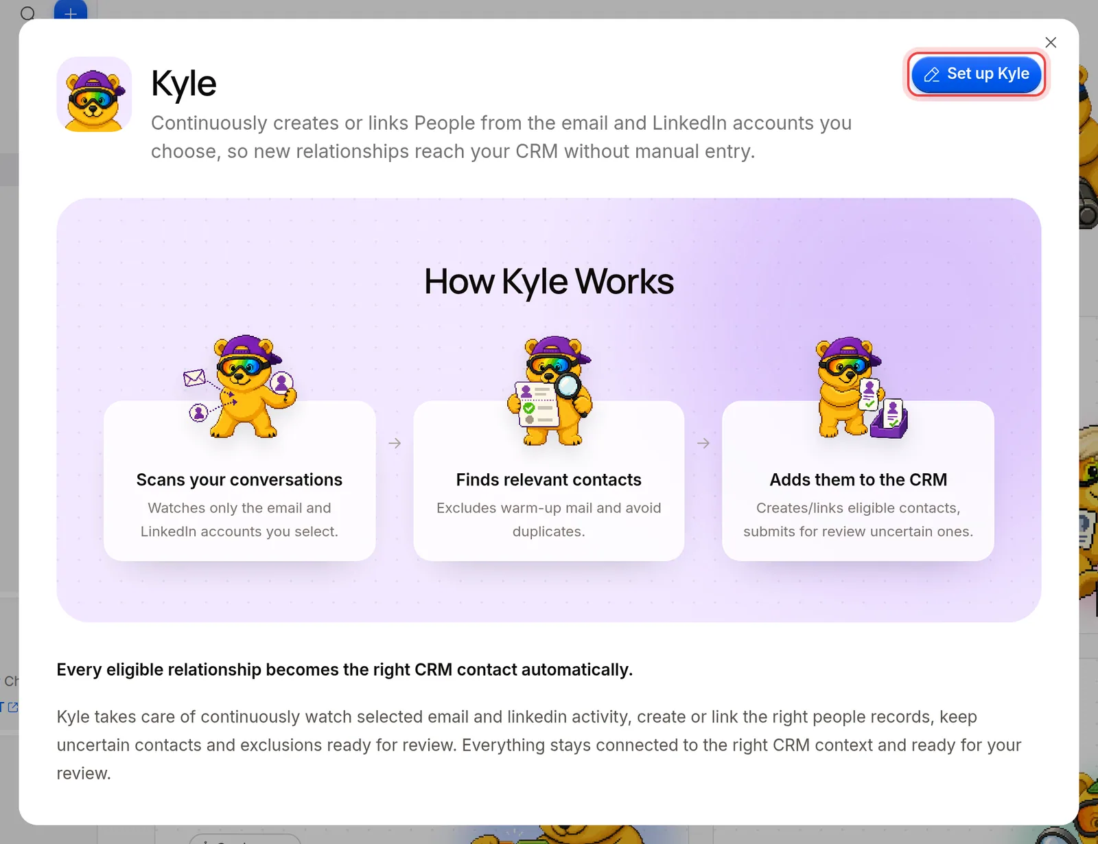 The Set up Kyle button at the top of Kyle's page