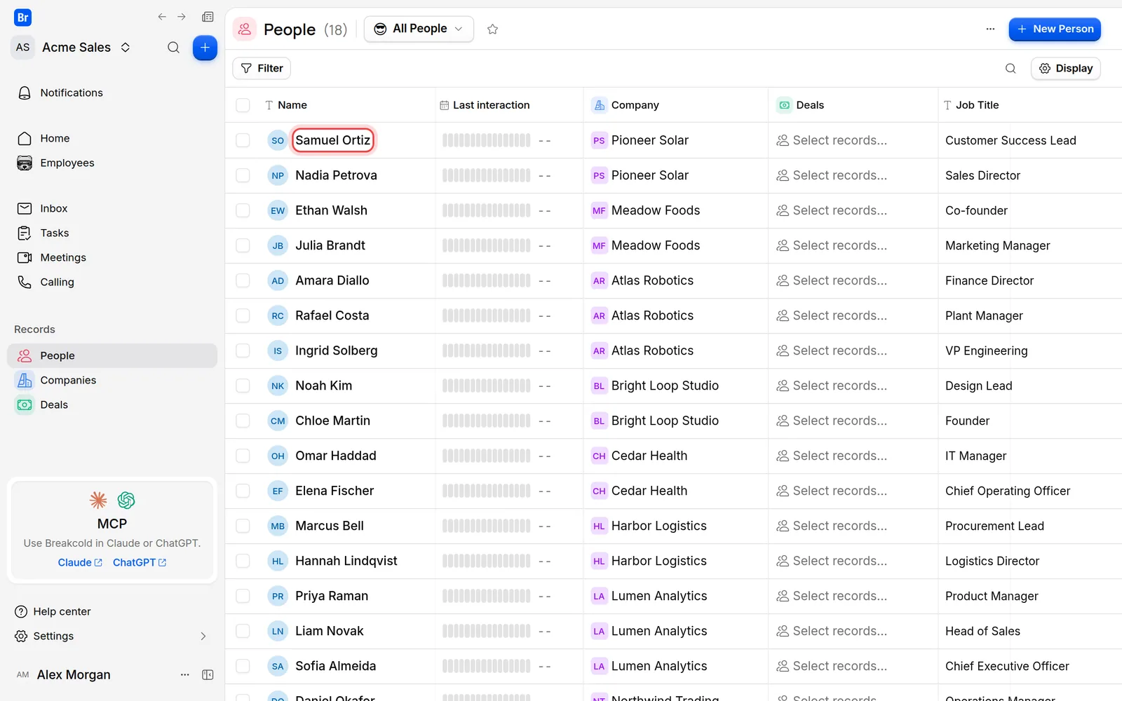 The People list with a person to open