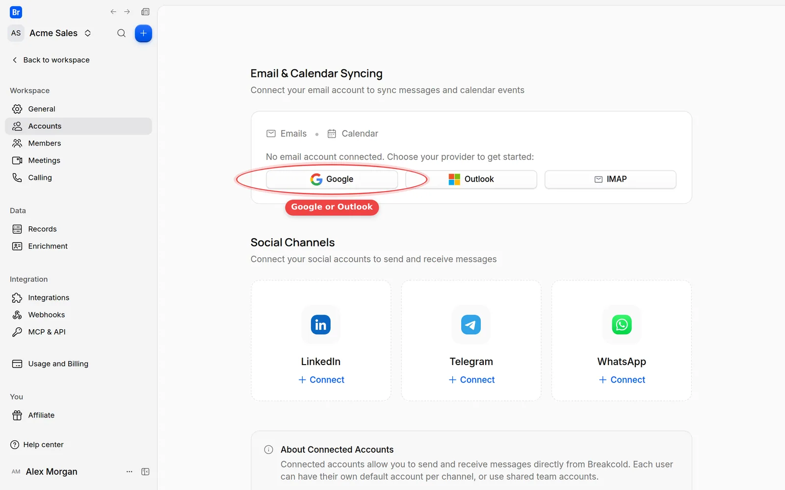 The Google and Outlook buttons in the Email & Calendar Syncing section of the Accounts settings