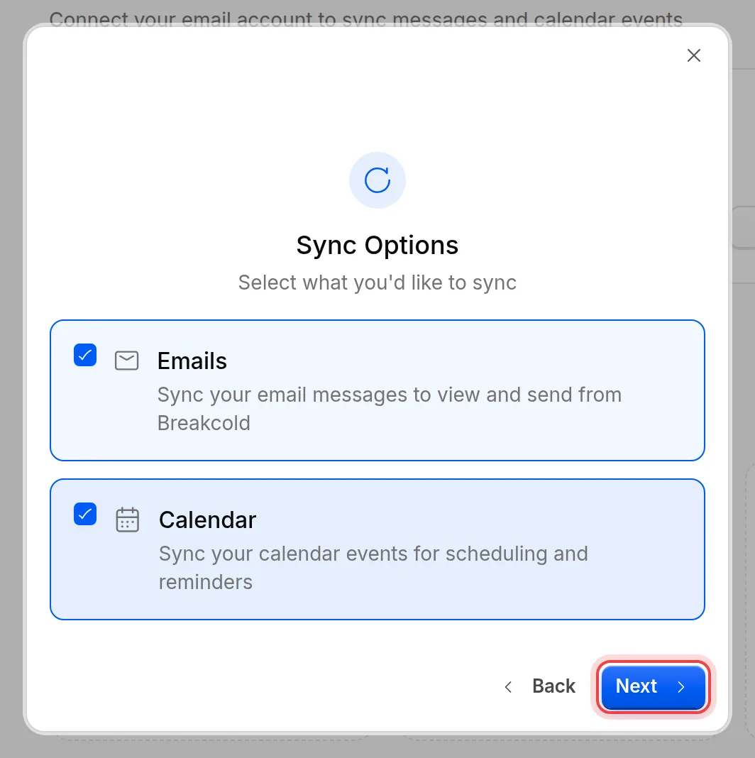 Calendar ticked in the Sync Options step, with the Next button