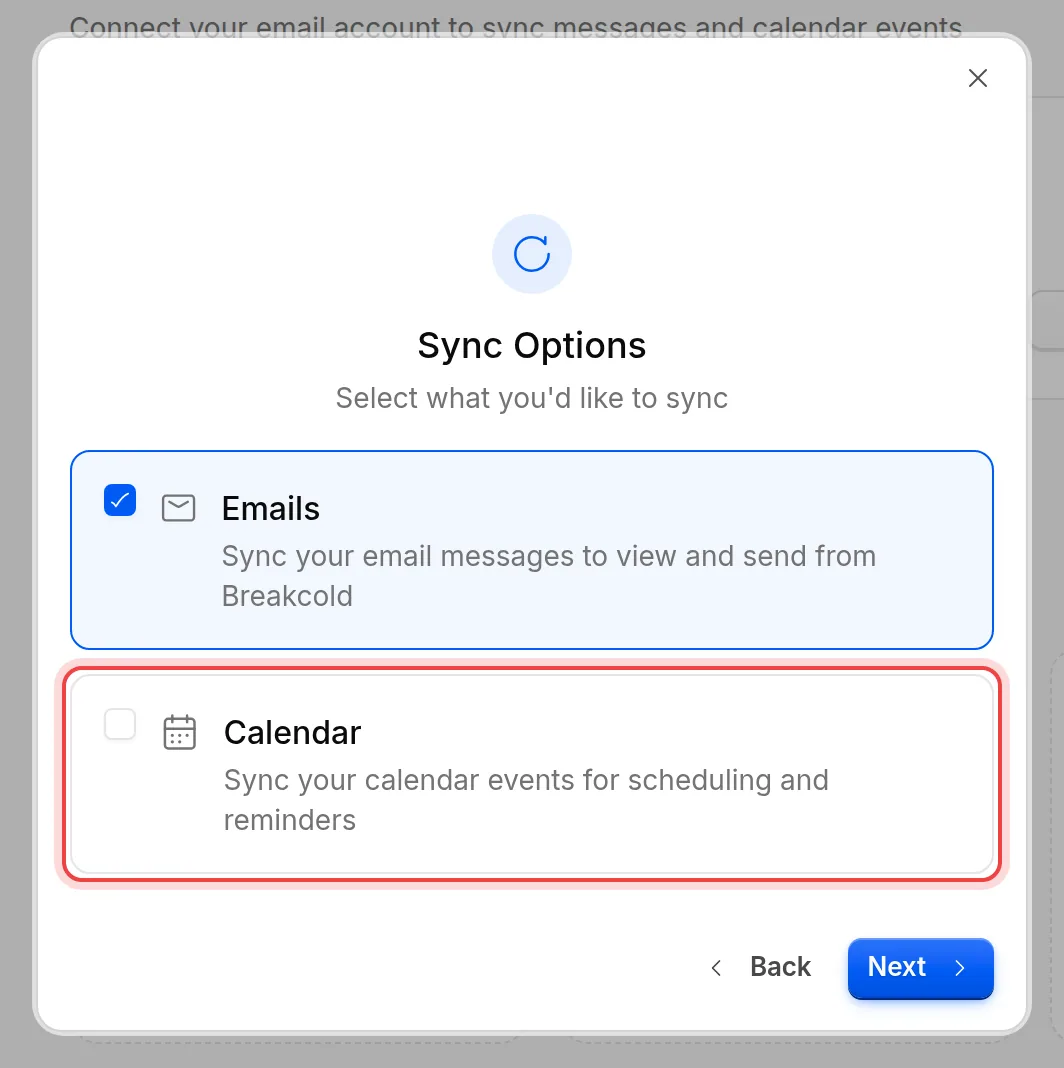The Sync Options step with the Calendar choice marked
