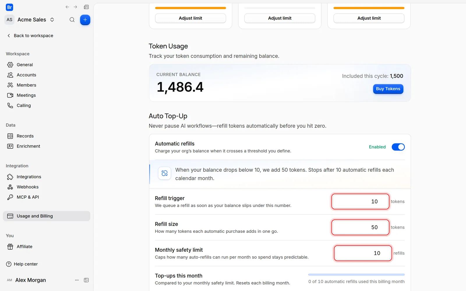 The Refill trigger, Refill size and Monthly safety limit fields of Auto Top-Up