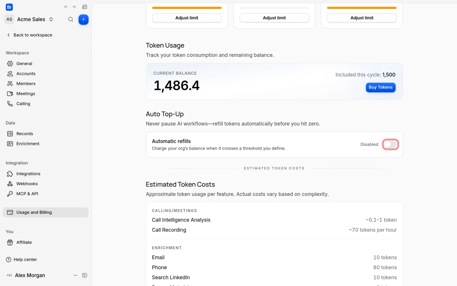 The Automatic refills switch in the Auto Top-Up section of the Usage and Billing page