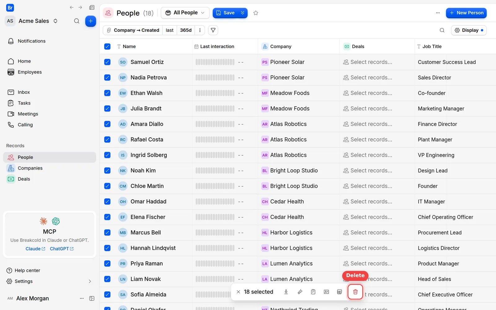 The selection bar at the bottom of the list with the Delete button marked