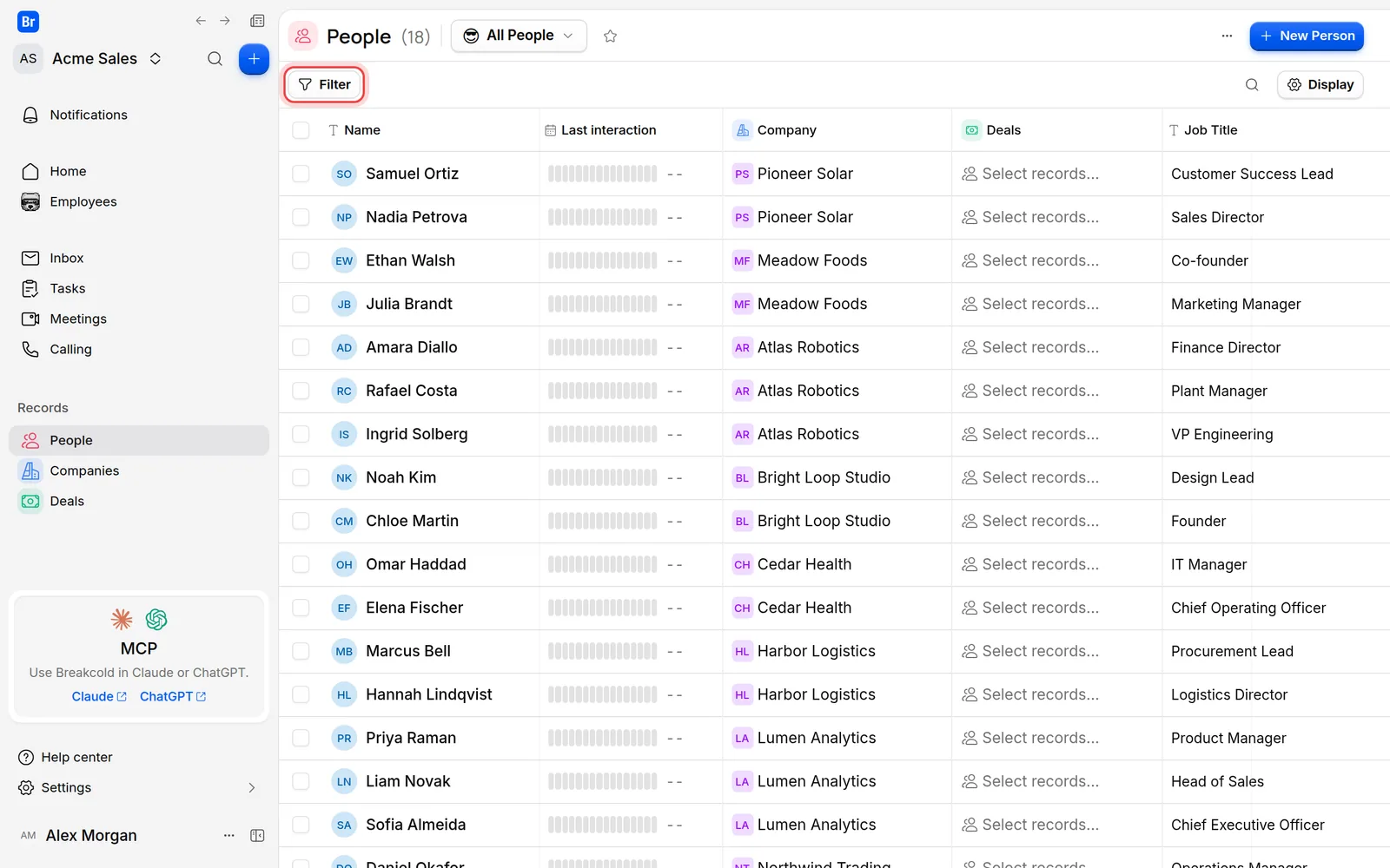 The People list with the Filter button marked