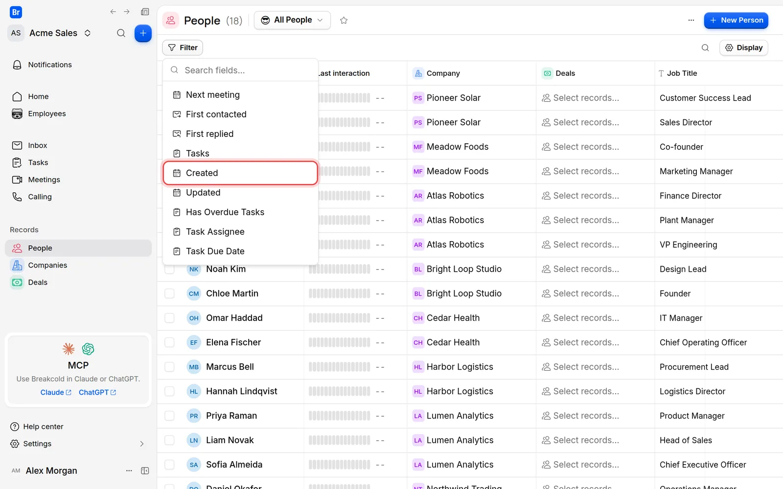 The list of fields to filter on, with Created about to be chosen