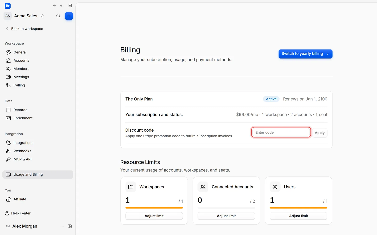 The Discount code field on the Usage and Billing page