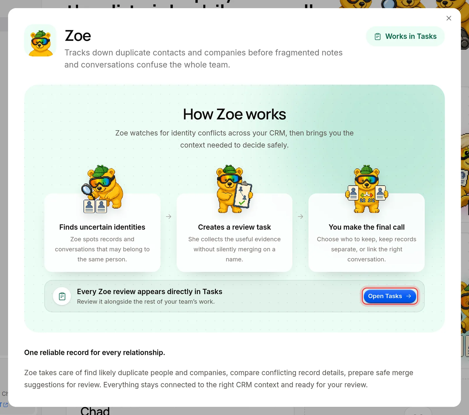 Zoe's page, with how she works and the Open Tasks button