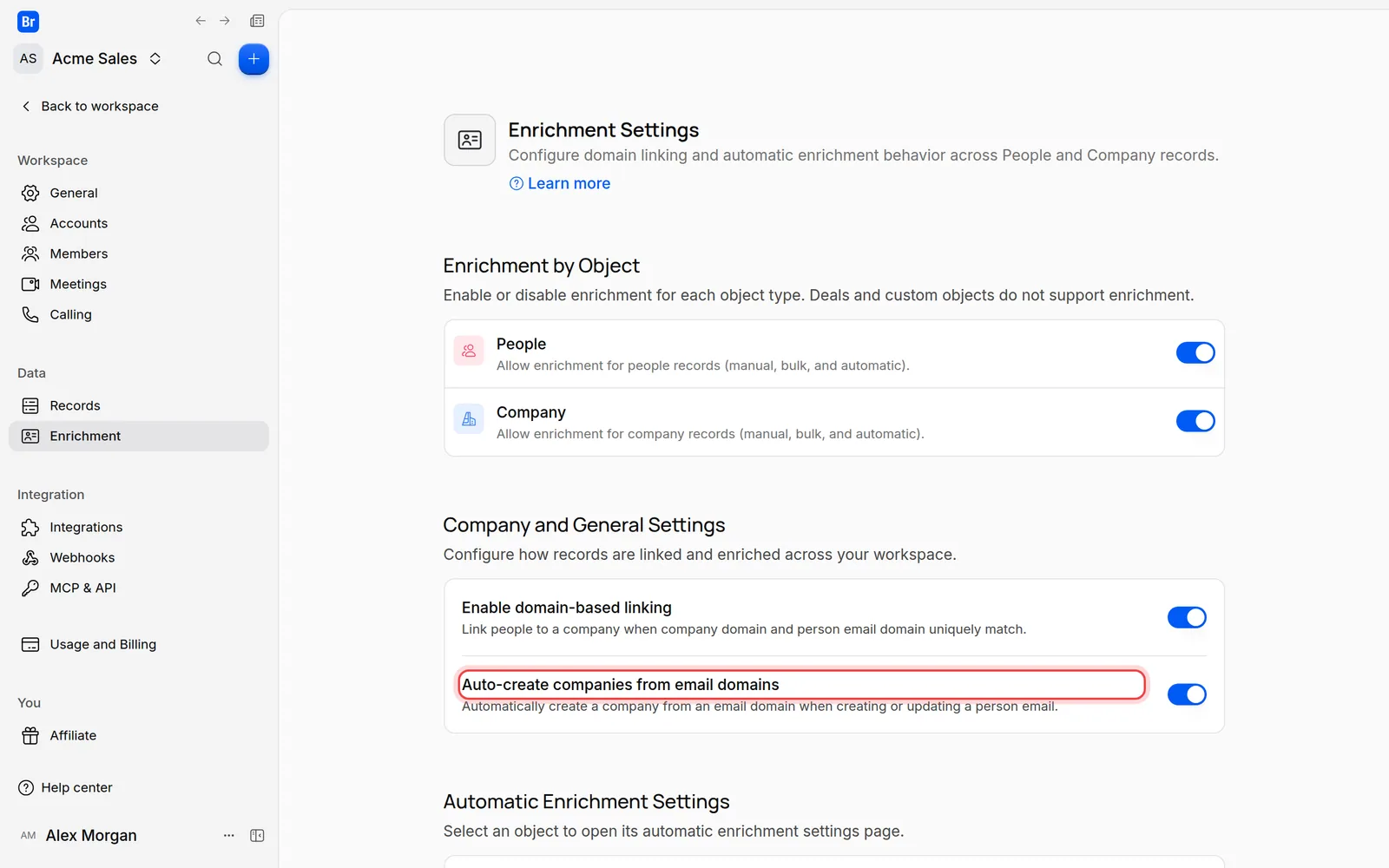 The Auto-create companies from email domains setting under Company and General Settings