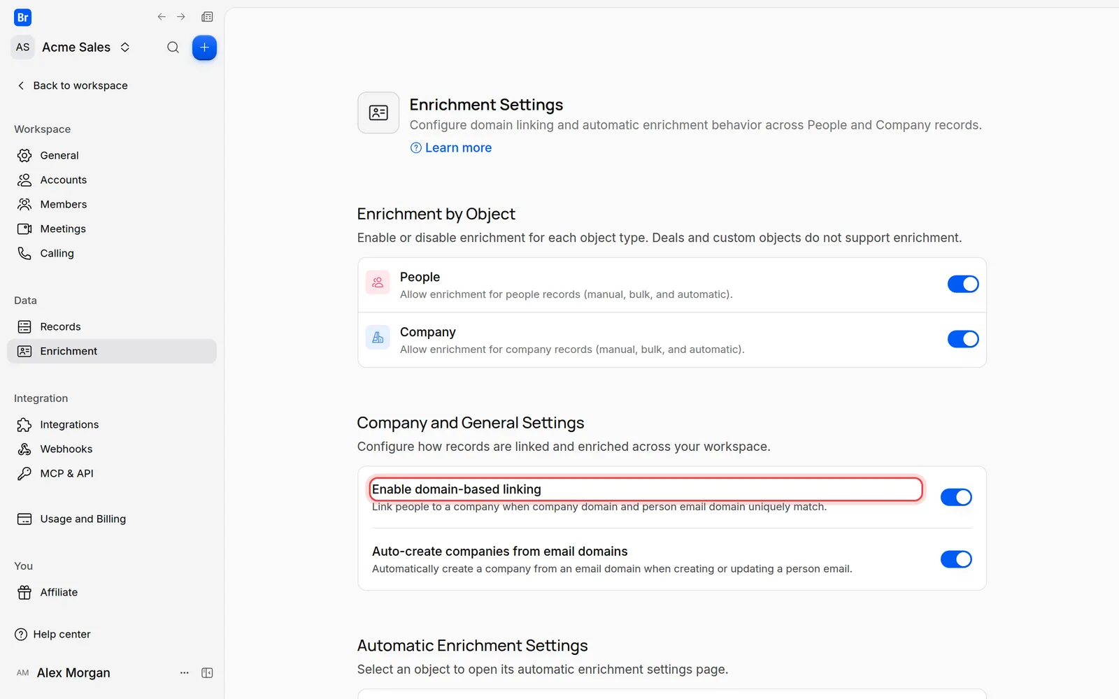 The Company and General Settings card of the Enrichment settings, with Enable domain-based linking marked