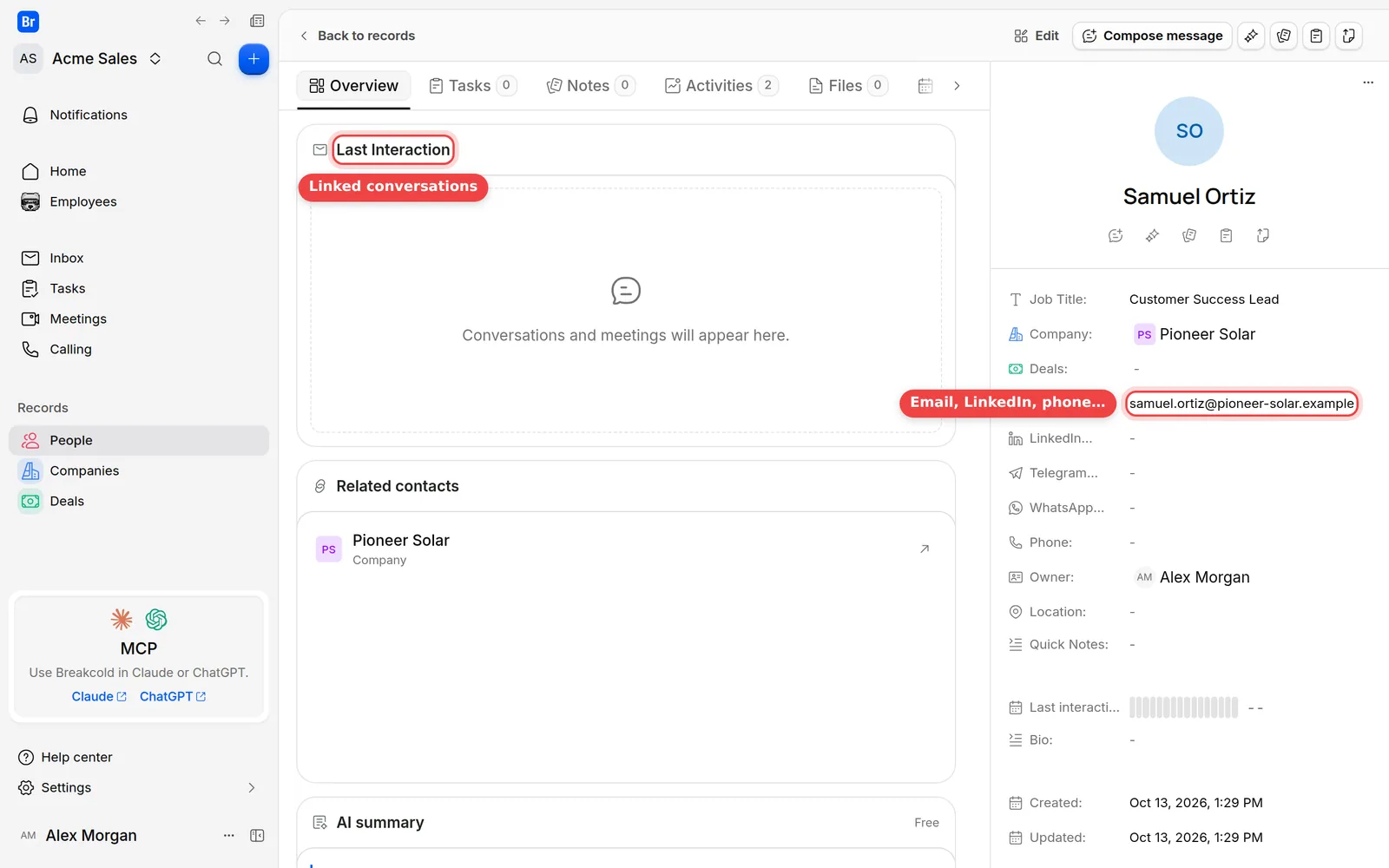 A person record with its email field and the Last Interaction section marked